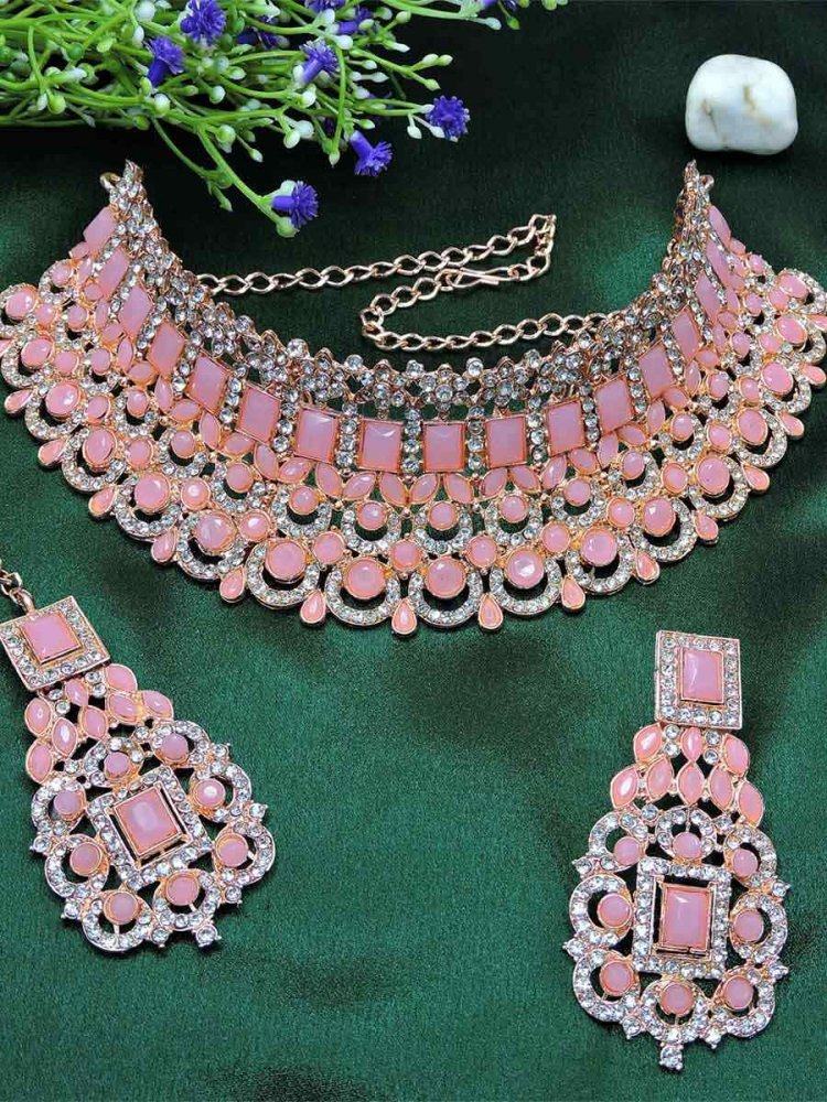 Rose Pink Alloy Festival Wear Kundan Necklace