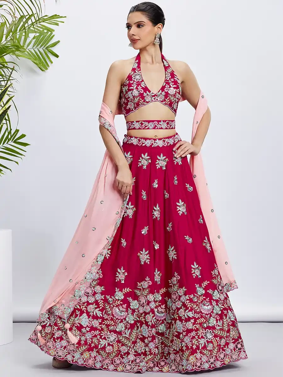 Rose Poly Georgette Embroidery Reception Party Wear Heavy Border Lehenga Choli