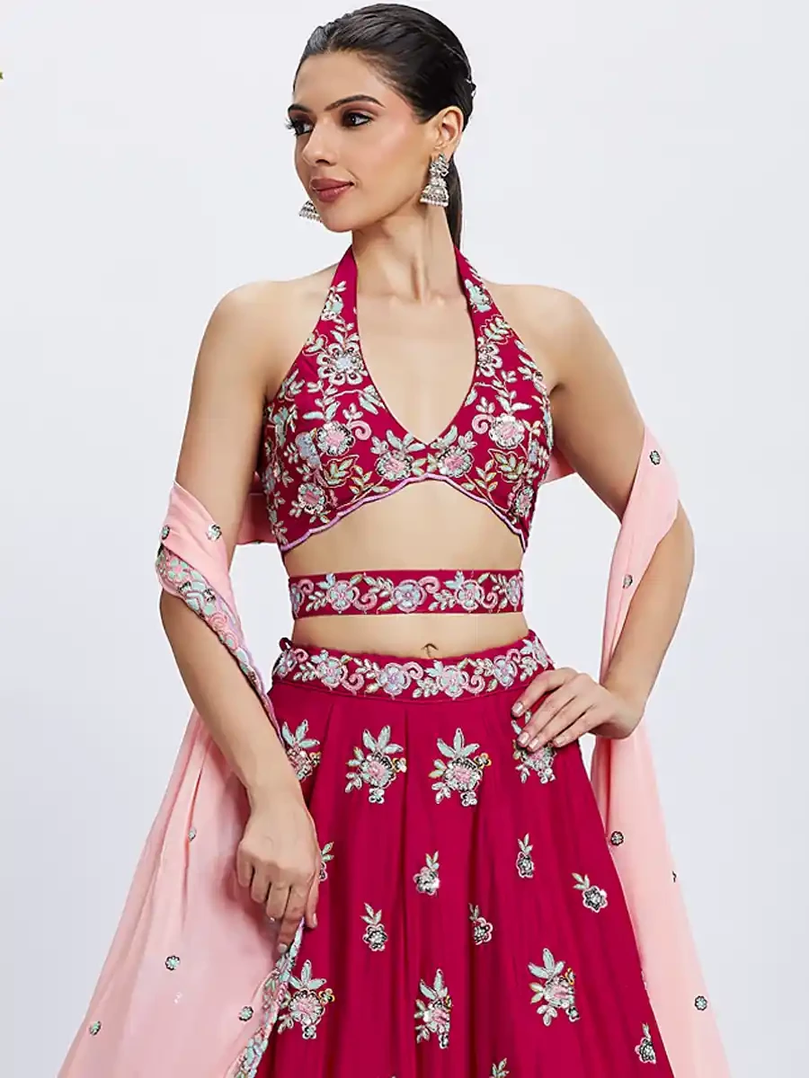 Rose Poly Georgette Embroidery Reception Party Wear Heavy Border Lehenga Choli