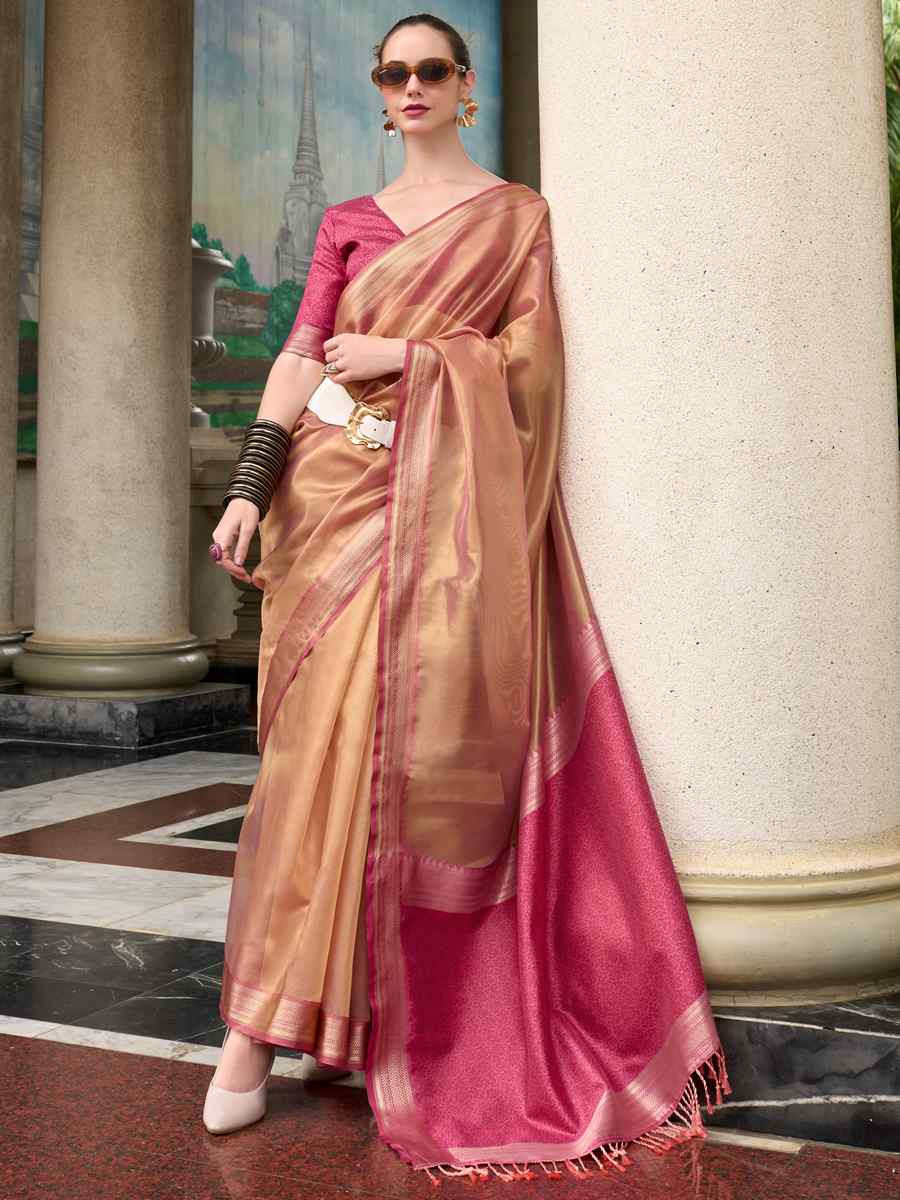 Rose Pure Tisshue Silk Handwoven Festival Wedding Heavy Border Saree