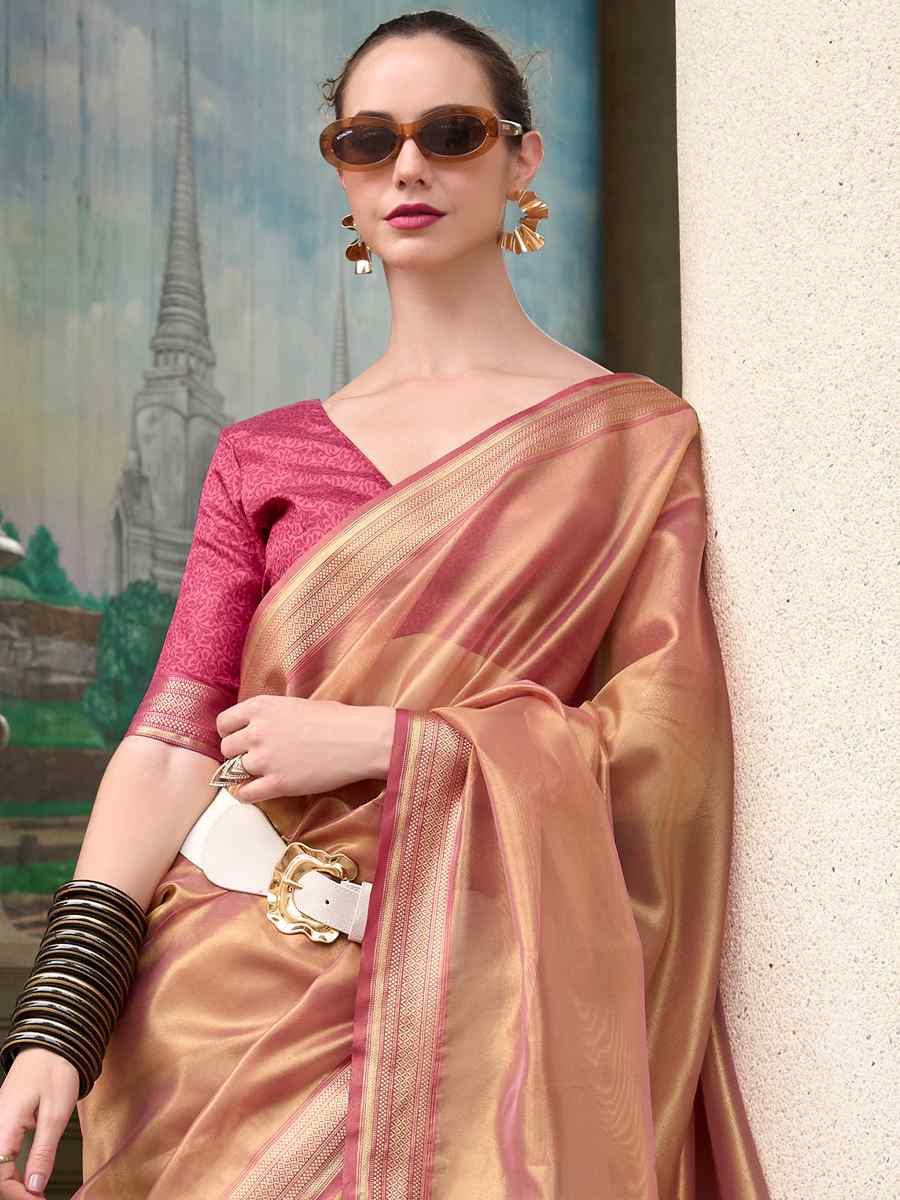 Rose Pure Tisshue Silk Handwoven Festival Wedding Heavy Border Saree