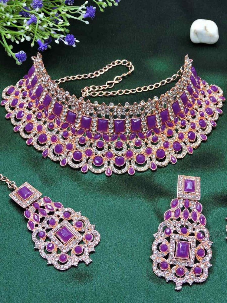 Rose Purple Alloy Festival Wear Kundan Necklace