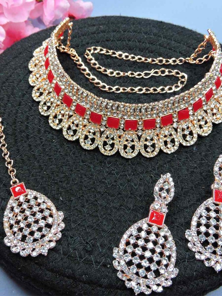 Rose Red Alloy Festival Wear Kundan Necklace