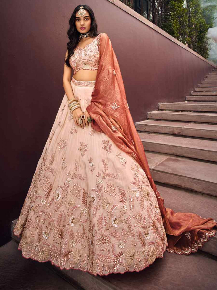 Rosegold Viscose Rayon Embroidered Festival Reception Circular Lehenga Choli