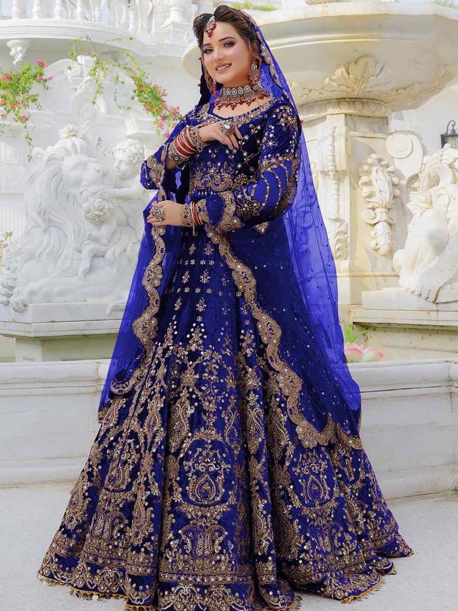 Royal Blue 9000 Velvet Embroidered Engagement Wedding Anarkali Salwar Kameez