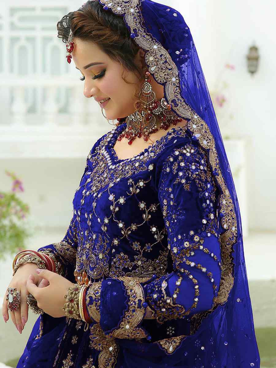 Royal Blue 9000 Velvet Embroidered Engagement Wedding Anarkali Salwar Kameez