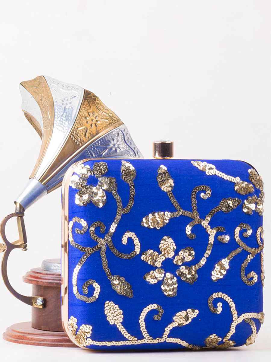 Royal Blue Art Silk Party Wear Embroidered Clutches