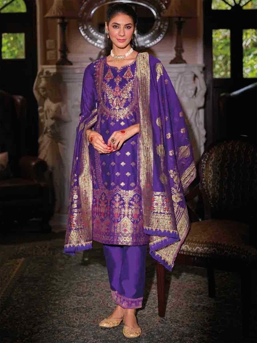 Royal Blue Banarasi Jacquard  Silk Embroidered Festival Casual Ready Pant Salwar Kameez