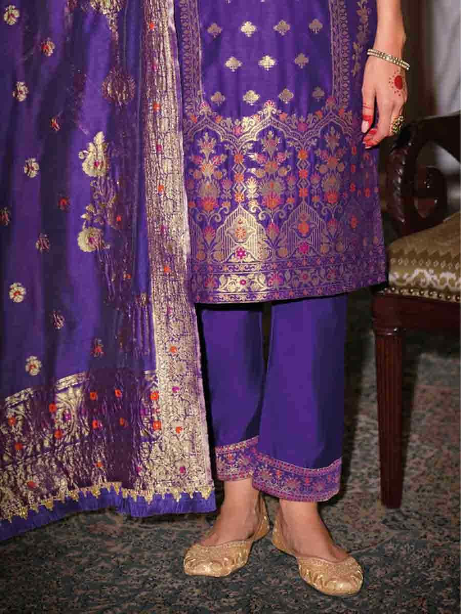 Royal Blue Banarasi Jacquard  Silk Embroidered Festival Casual Ready Pant Salwar Kameez