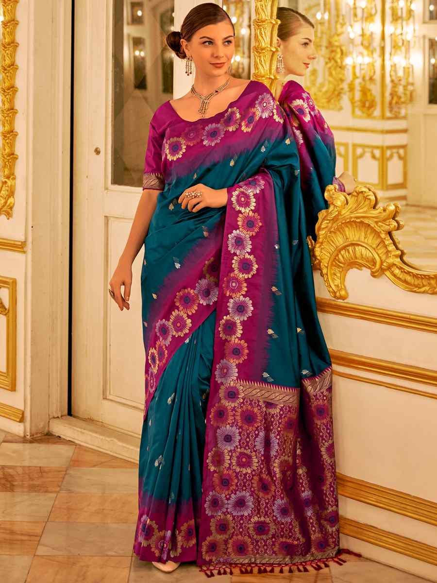 Royal Blue Banarasi Silk Printed Casual Festival Contemporary Saree