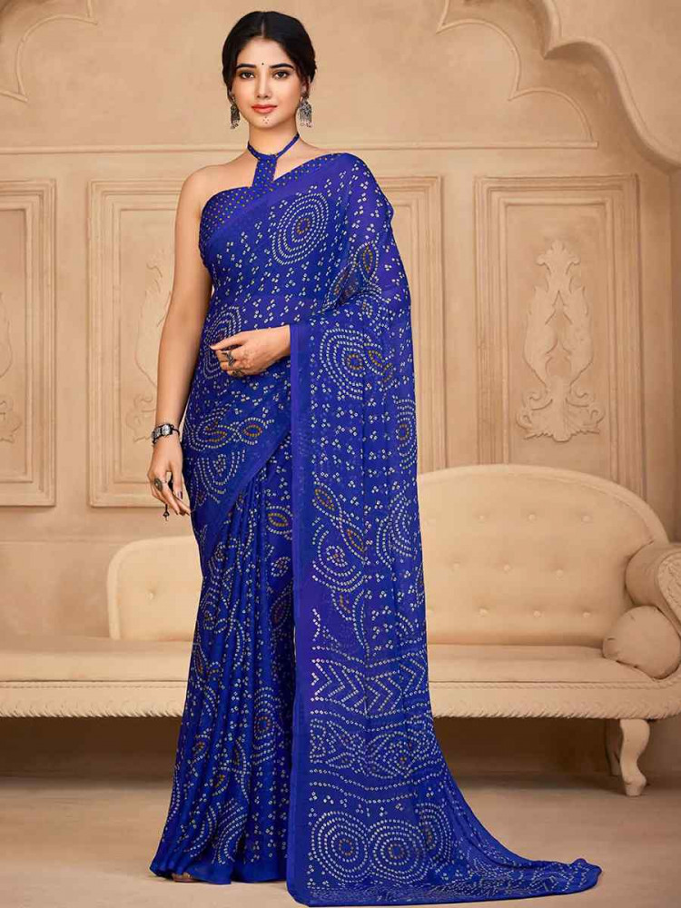 Royal Blue Chiffon Printed Festival Casual Contemporary Saree