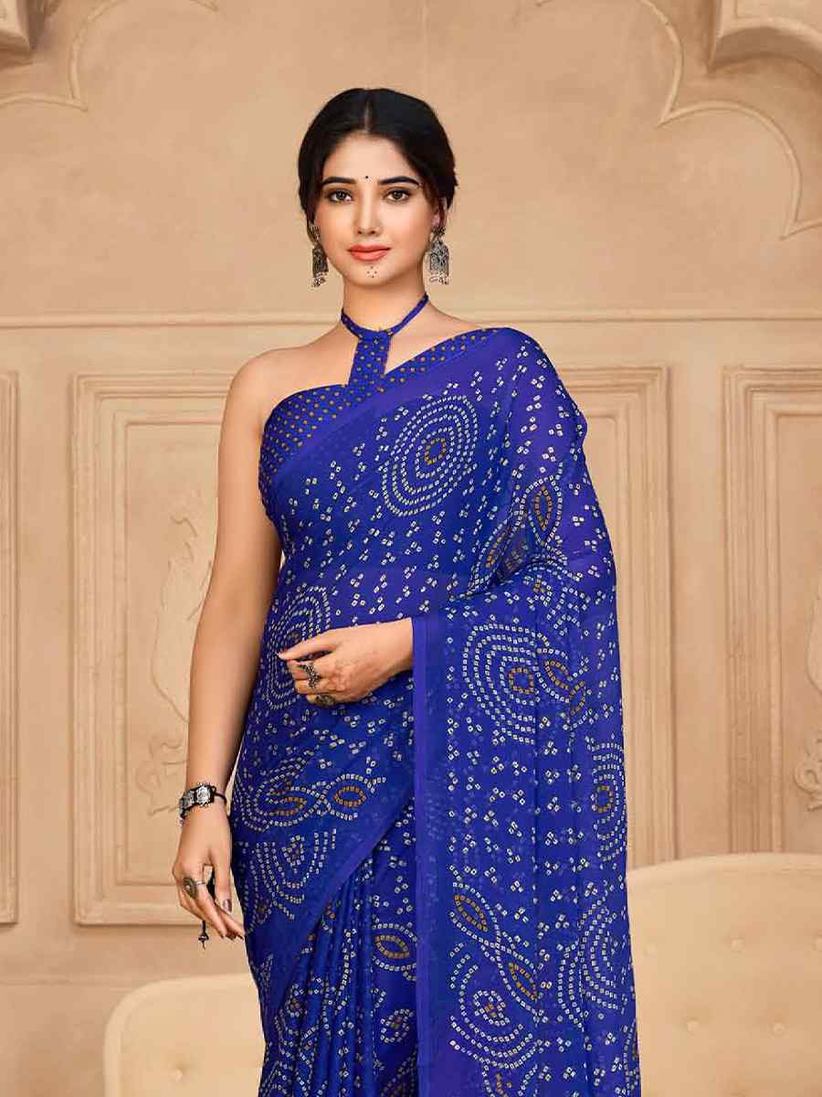 Royal Blue Chiffon Printed Festival Casual Contemporary Saree