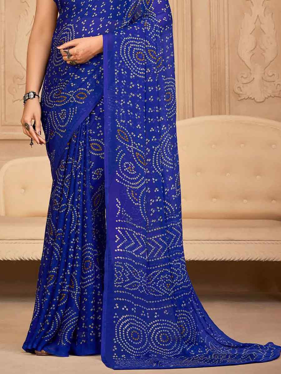 Royal Blue Chiffon Printed Festival Casual Contemporary Saree