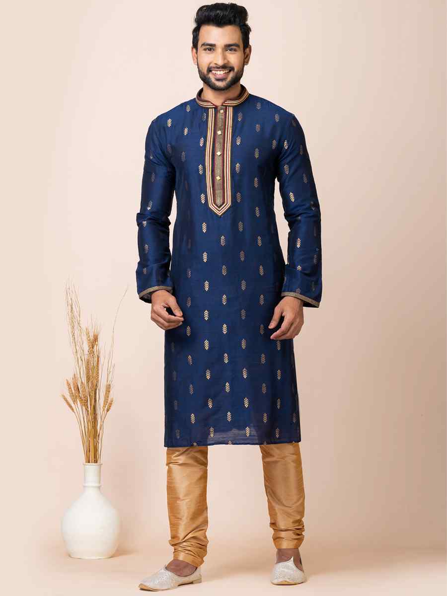 Royal Blue Cotton Jacquard Silk Woven Festival Mehendi Kurta