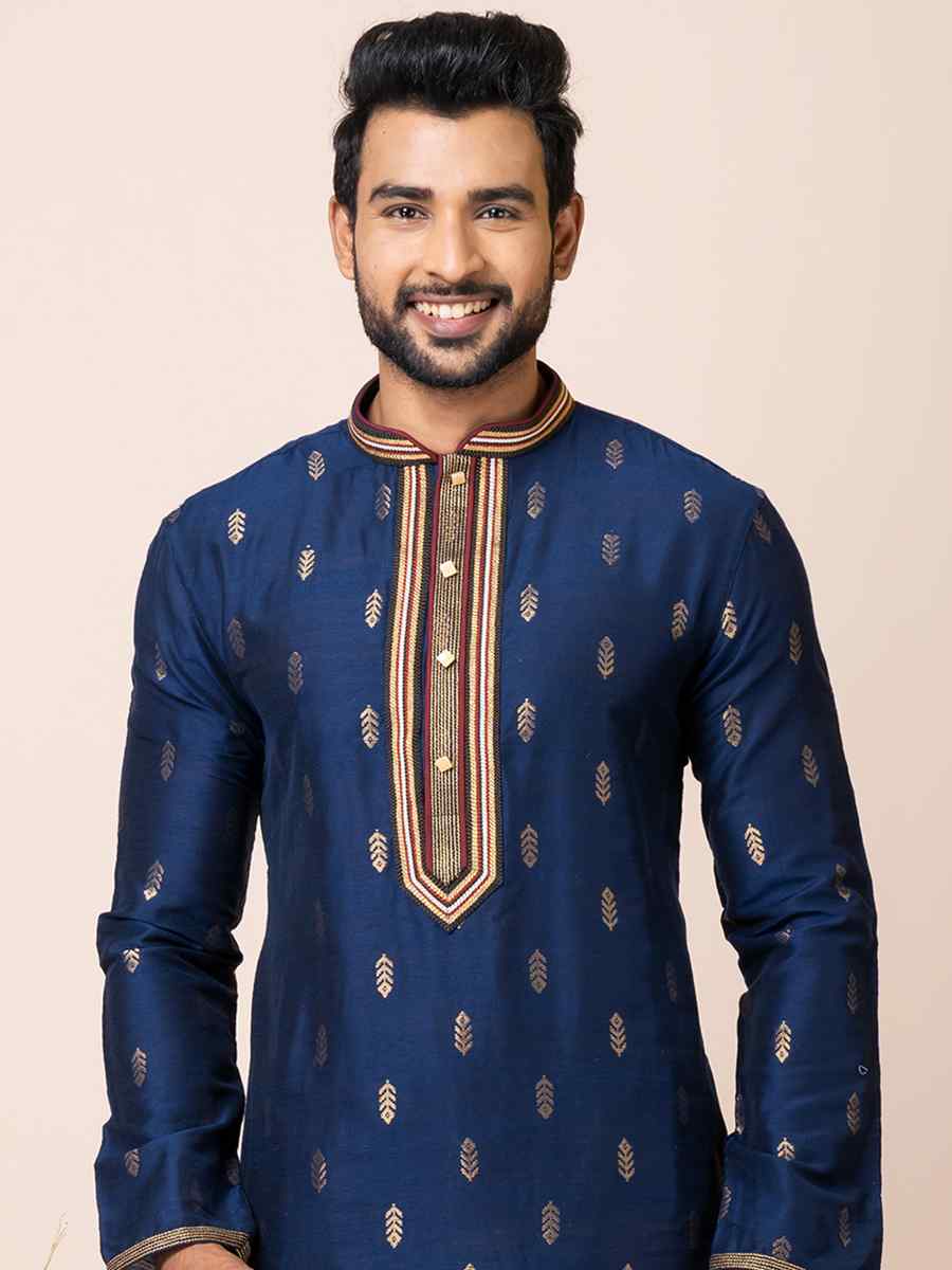 Royal Blue Cotton Jacquard Silk Woven Festival Mehendi Kurta