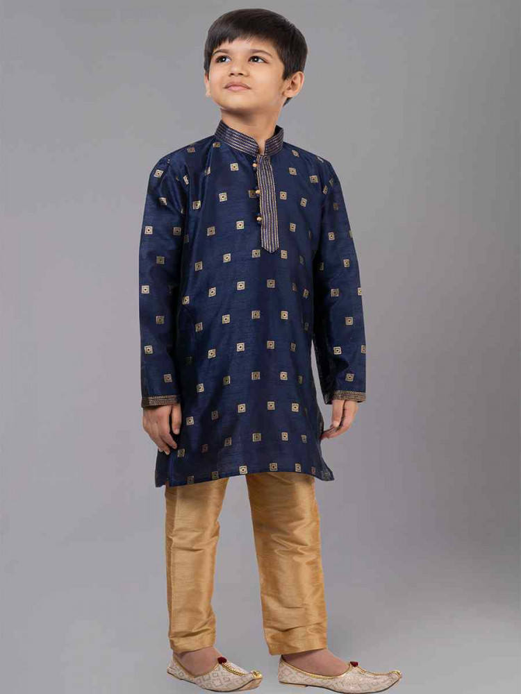 Royal Blue Dhupion Silk With  Jacquard  Embroidered Festival Traditional Kurta Pyjama Boys Wear