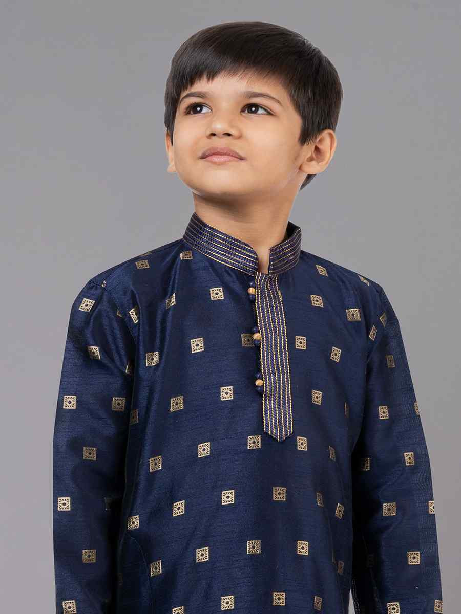 Royal Blue Dhupion Silk With  Jacquard  Embroidered Festival Traditional Kurta Pyjama Boys Wear