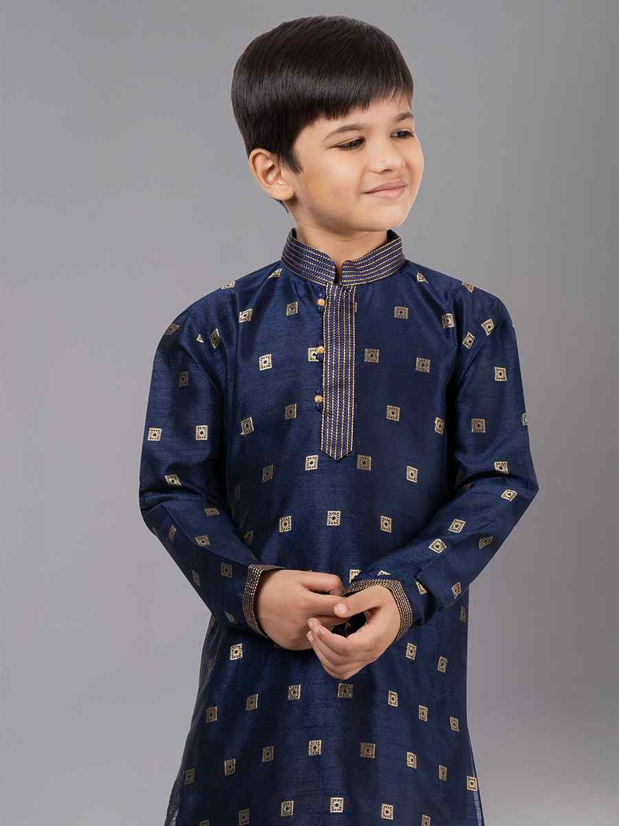 Royal Blue Dhupion Silk With  Jacquard  Embroidered Festival Traditional Kurta Pyjama Boys Wear