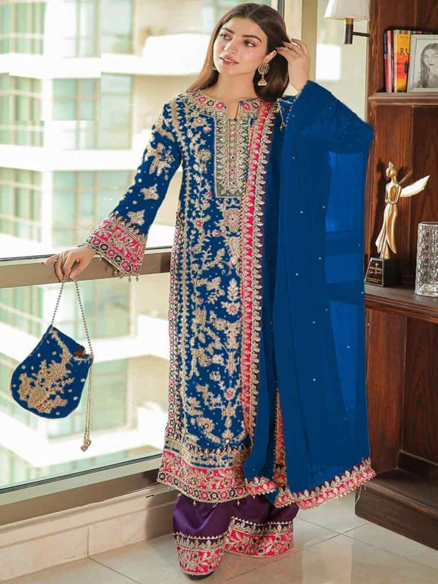 Royal Blue Heavy Chinon Silk Embroidered Festival Wedding Pant Salwar Kameez