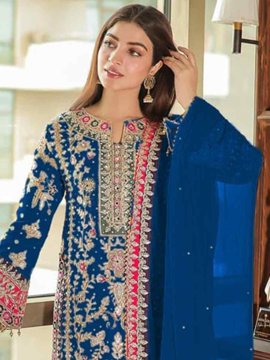 Royal Blue Heavy Chinon Silk Embroidered Festival Wedding Pant Salwar Kameez