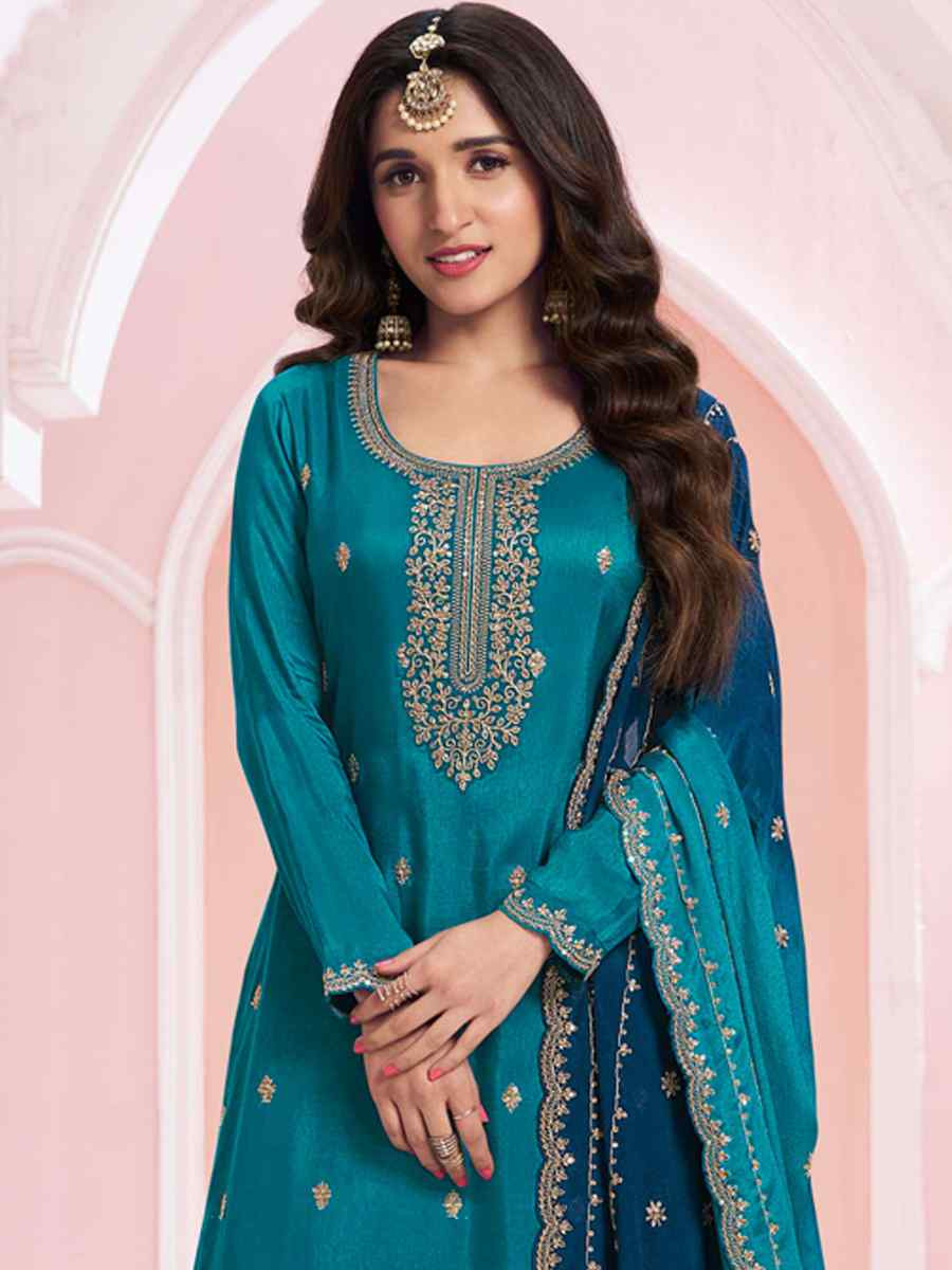 Royal Blue Heavy Vichitra Embroidered Festival Wedding Palazzo Pant Salwar Kameez