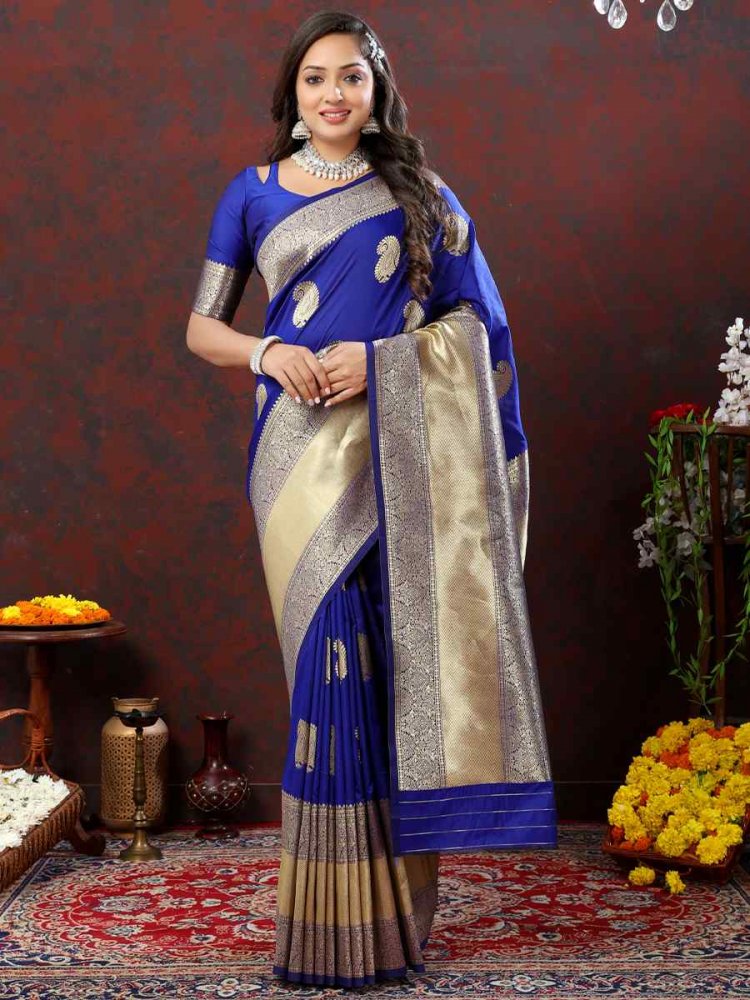 Royal Blue Silk Handwoven Wedding Festival Heavy Border Saree