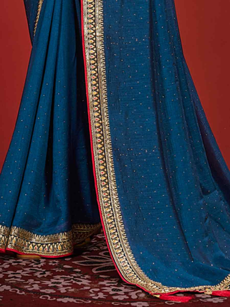 Royal Blue Vichitra Bluming Embroidered Bridesmaid Wedding Heavy Border Saree