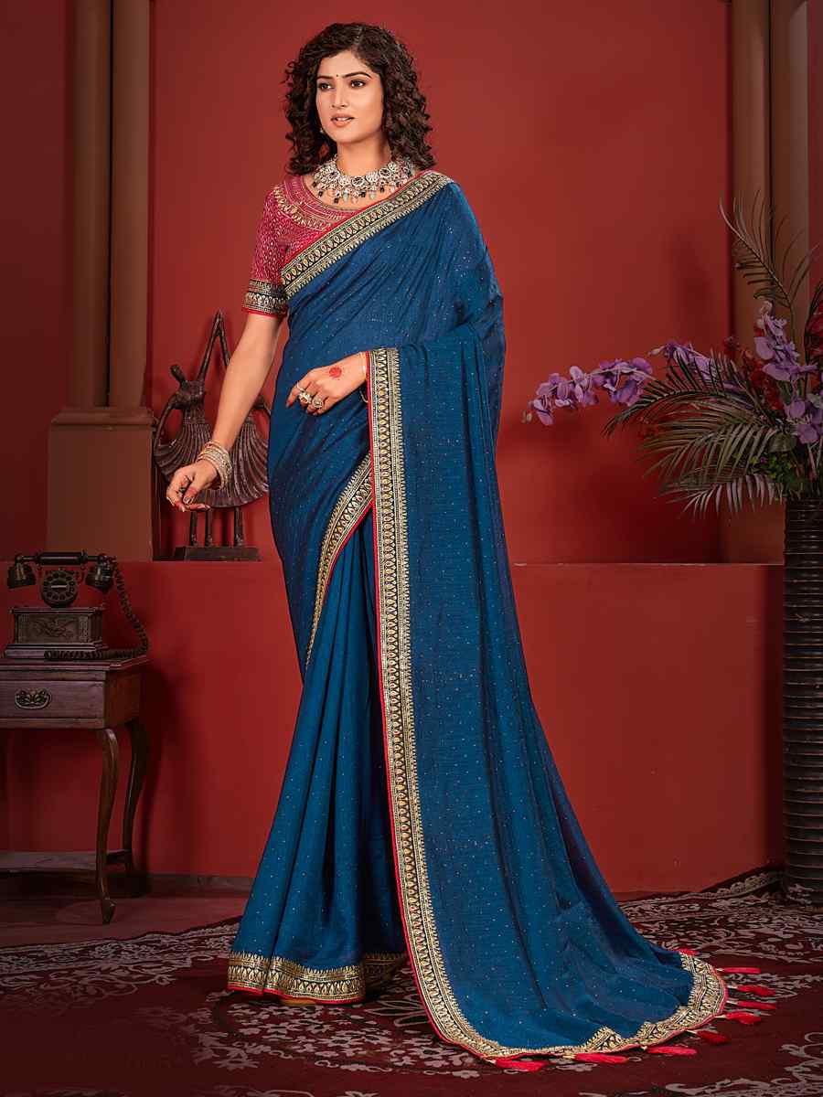 Royal Blue Vichitra Bluming Embroidered Bridesmaid Wedding Heavy Border Saree