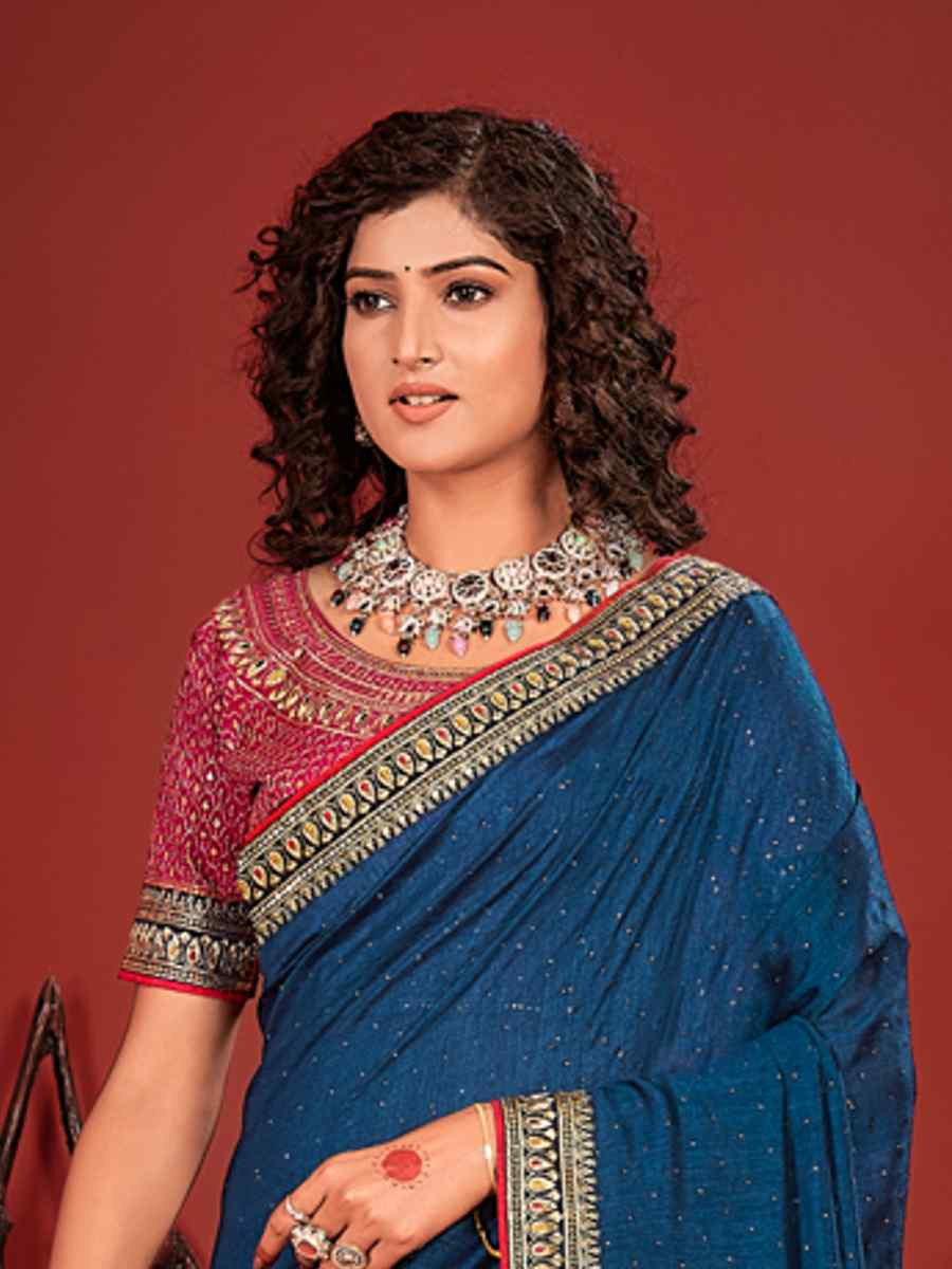 Royal Blue Vichitra Bluming Embroidered Bridesmaid Wedding Heavy Border Saree