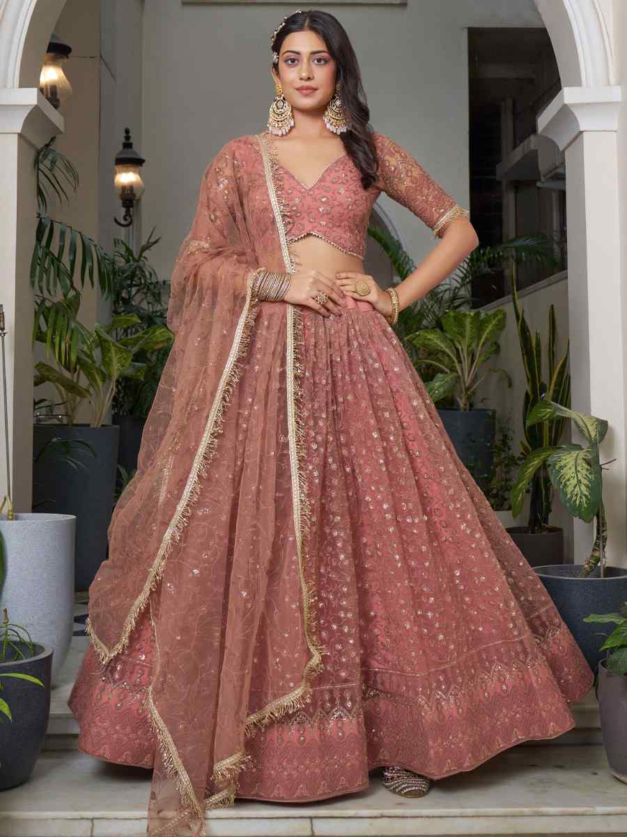 Rust Butterfly Net Embroidery Reception Party Wear Heavy Border Lehenga Choli