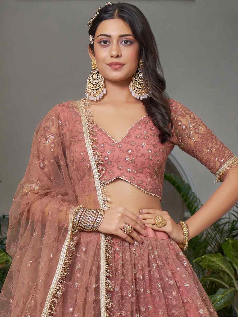 Rust Butterfly Net Embroidery Reception Party Wear Heavy Border Lehenga Choli