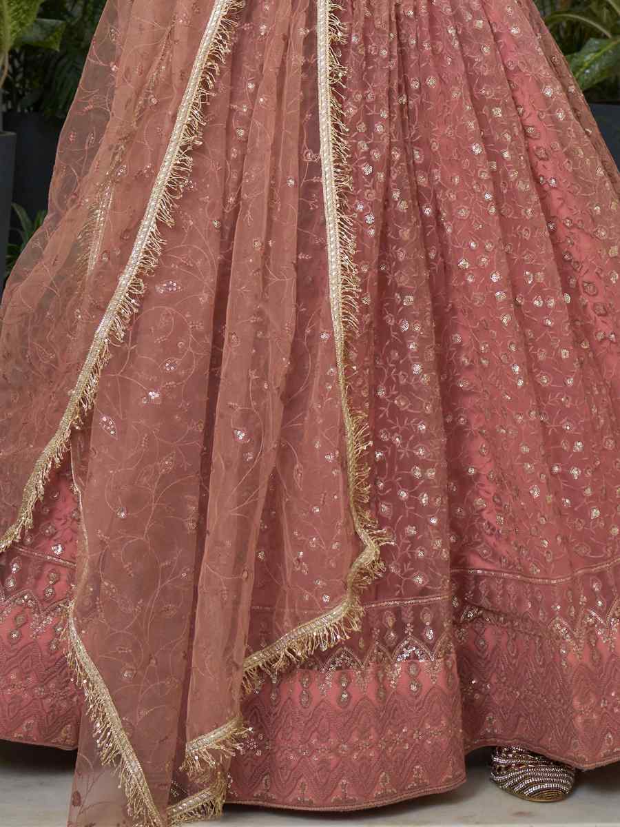 Rust Butterfly Net Embroidery Reception Party Wear Heavy Border Lehenga Choli