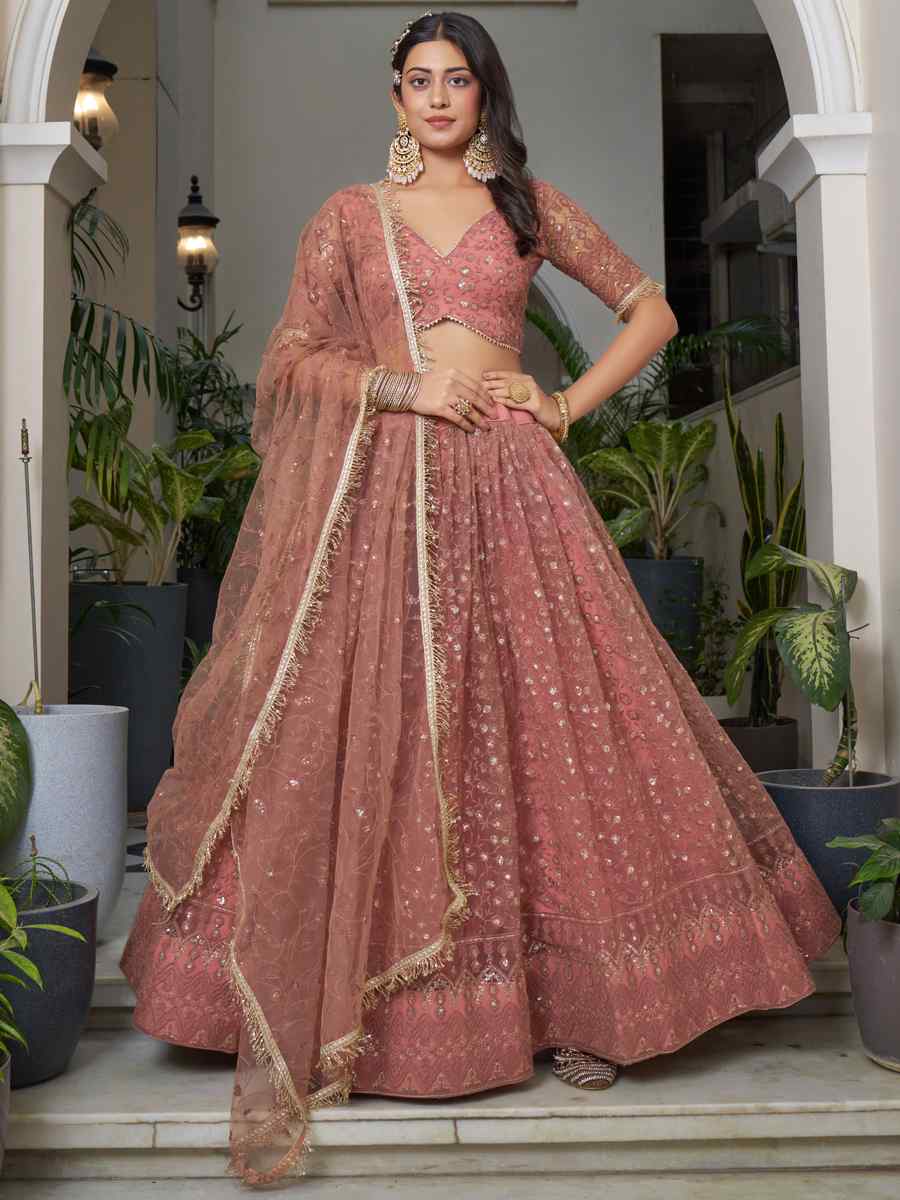 Rust Butterfly Net Embroidery Reception Party Wear Heavy Border Lehenga Choli