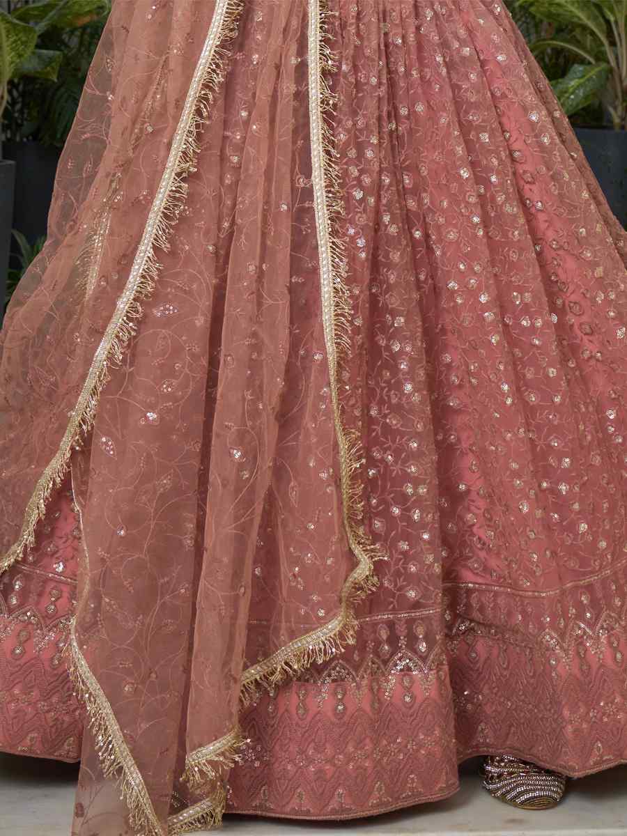 Rust Butterfly Net Embroidery Reception Party Wear Heavy Border Lehenga Choli