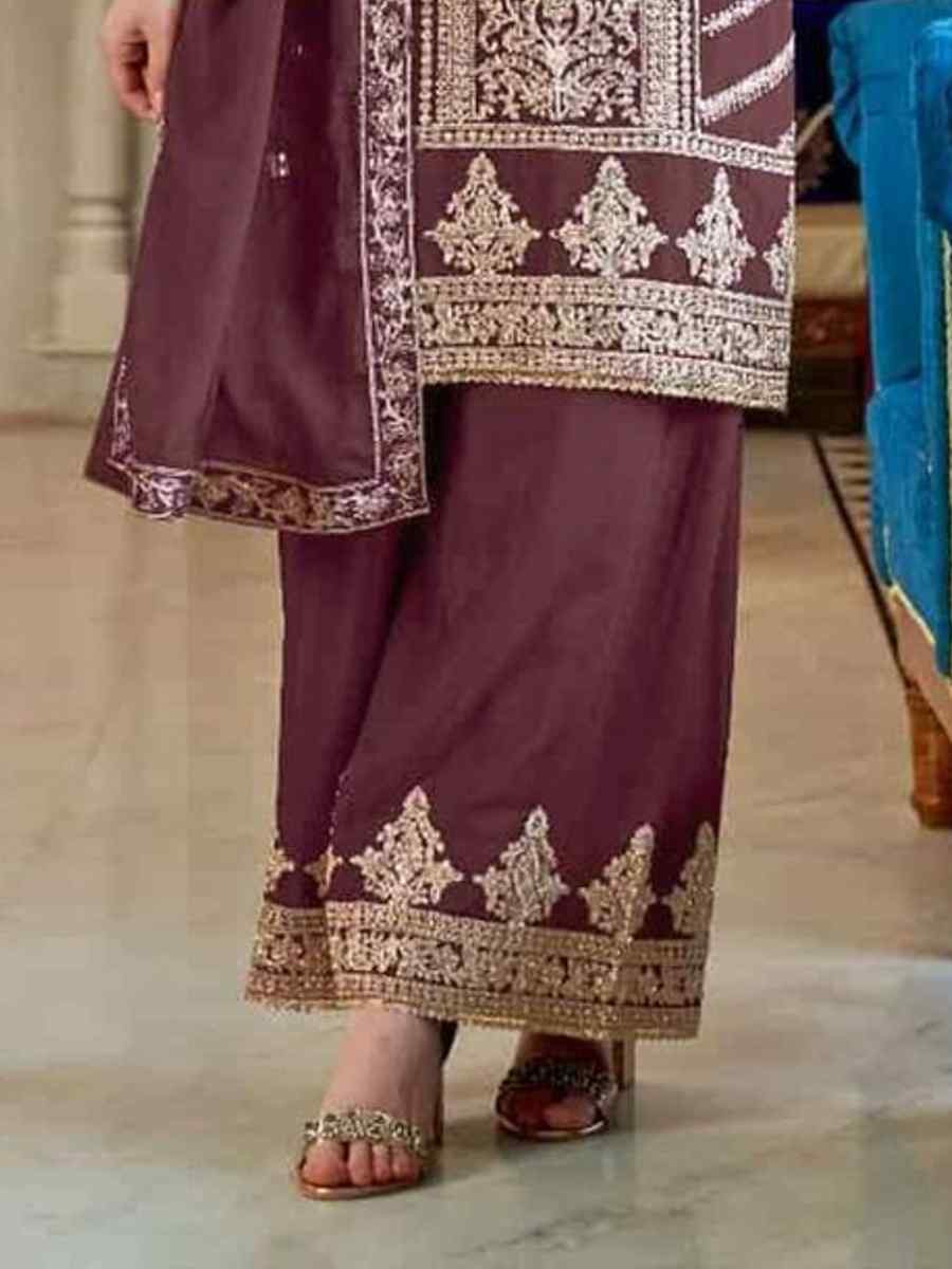 Rust Heavy Simar Vichitra Embroidered Festival Casual Palazzo Pant Salwar Kameez