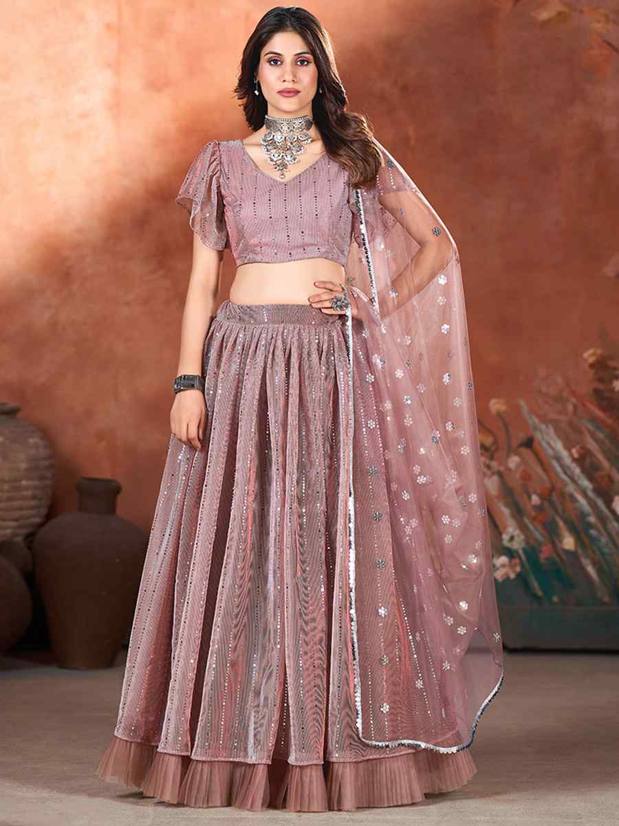 Rust Net Embroidered Bridesmaid Wedding Heavy Border Lehenga Choli