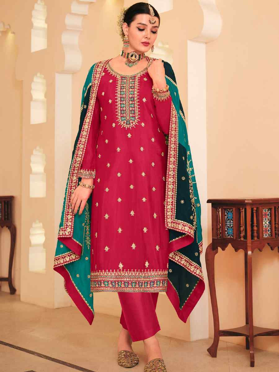 Rust Pink Red Premium Organza Embroidered Festival Wedding Pant Salwar Kameez