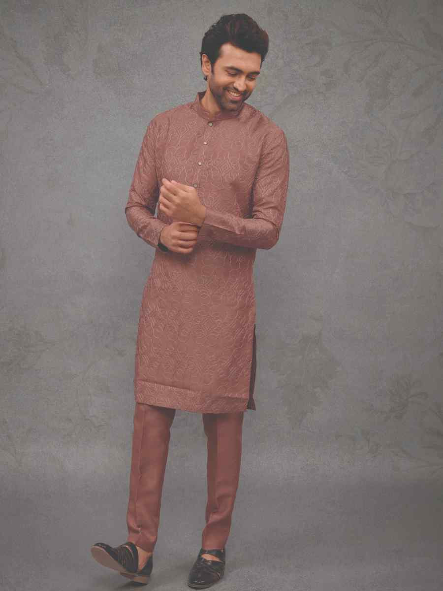 Rust Silk Woven Party Wedding Kurta