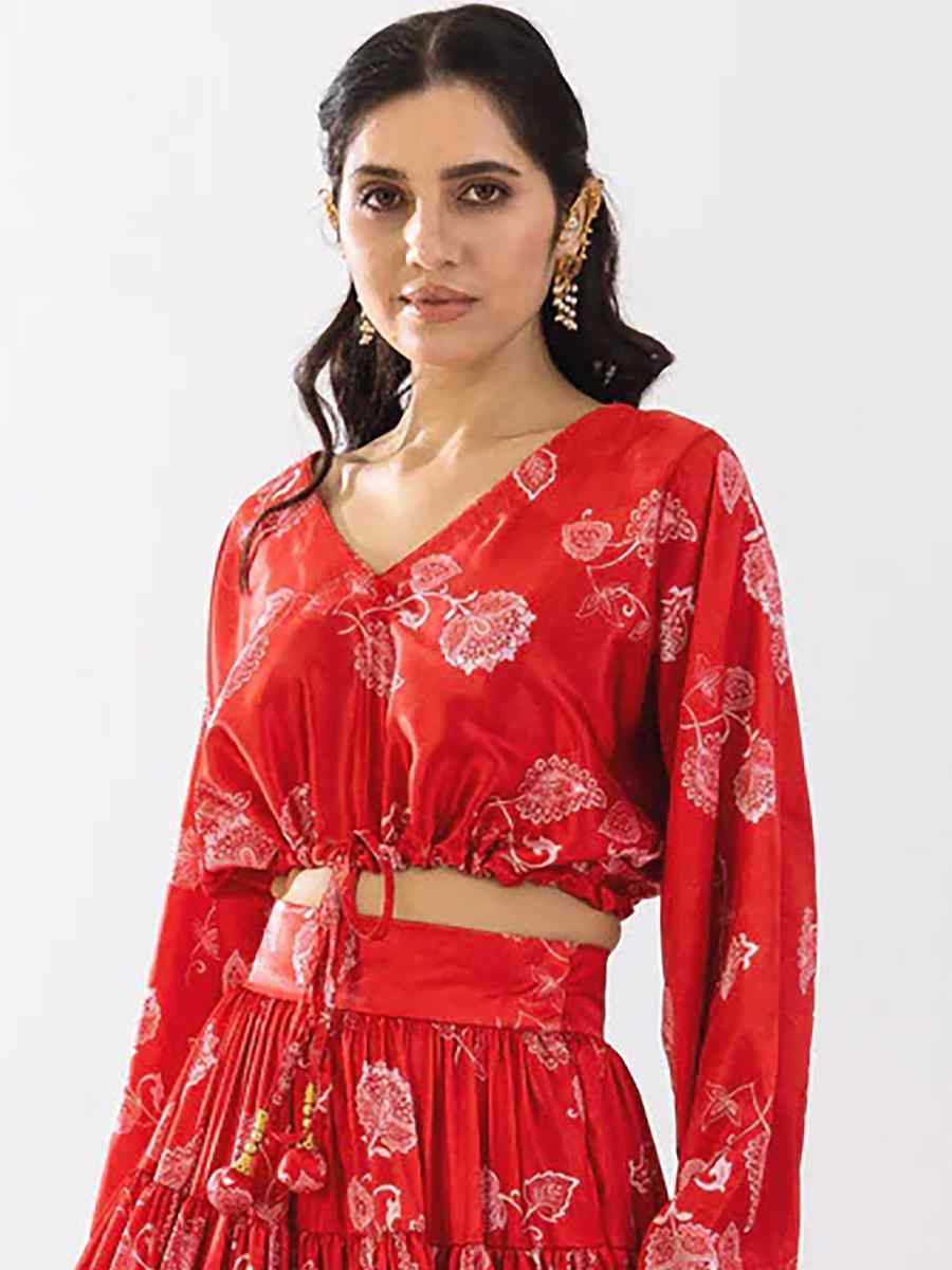 Sample Red Heavy Chinon Printed Festival Festival Circular Lehenga Choli