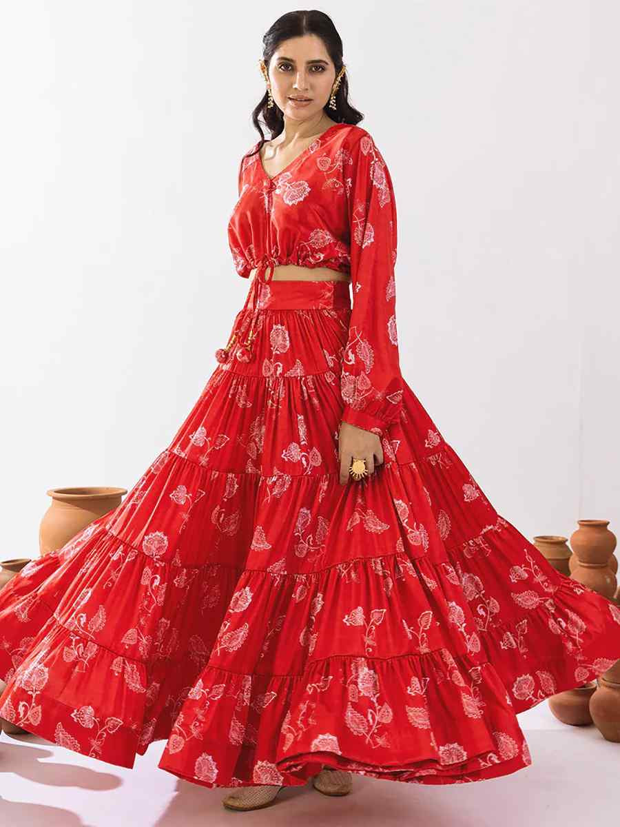 Sample Red Heavy Chinon Printed Festival Festival Circular Lehenga Choli