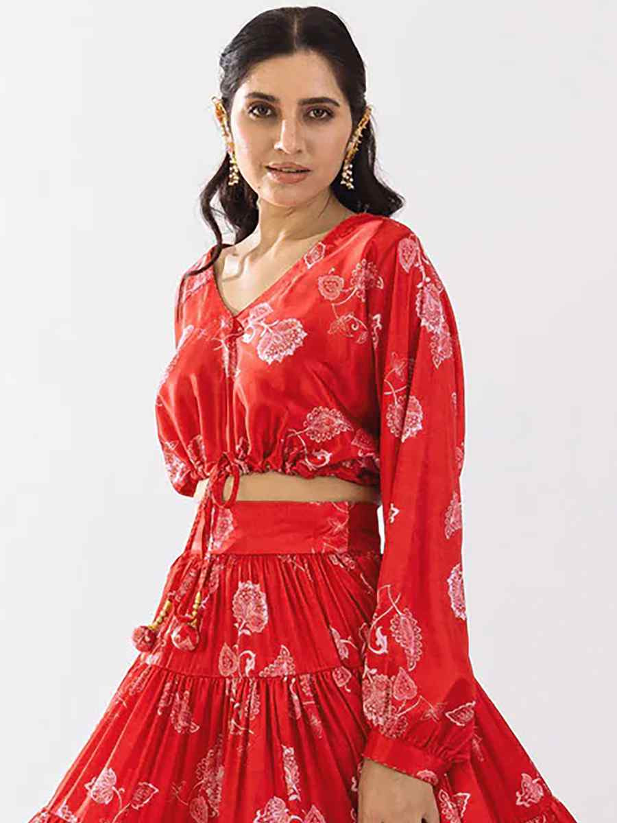 Sample Red Heavy Chinon Printed Festival Festival Circular Lehenga Choli