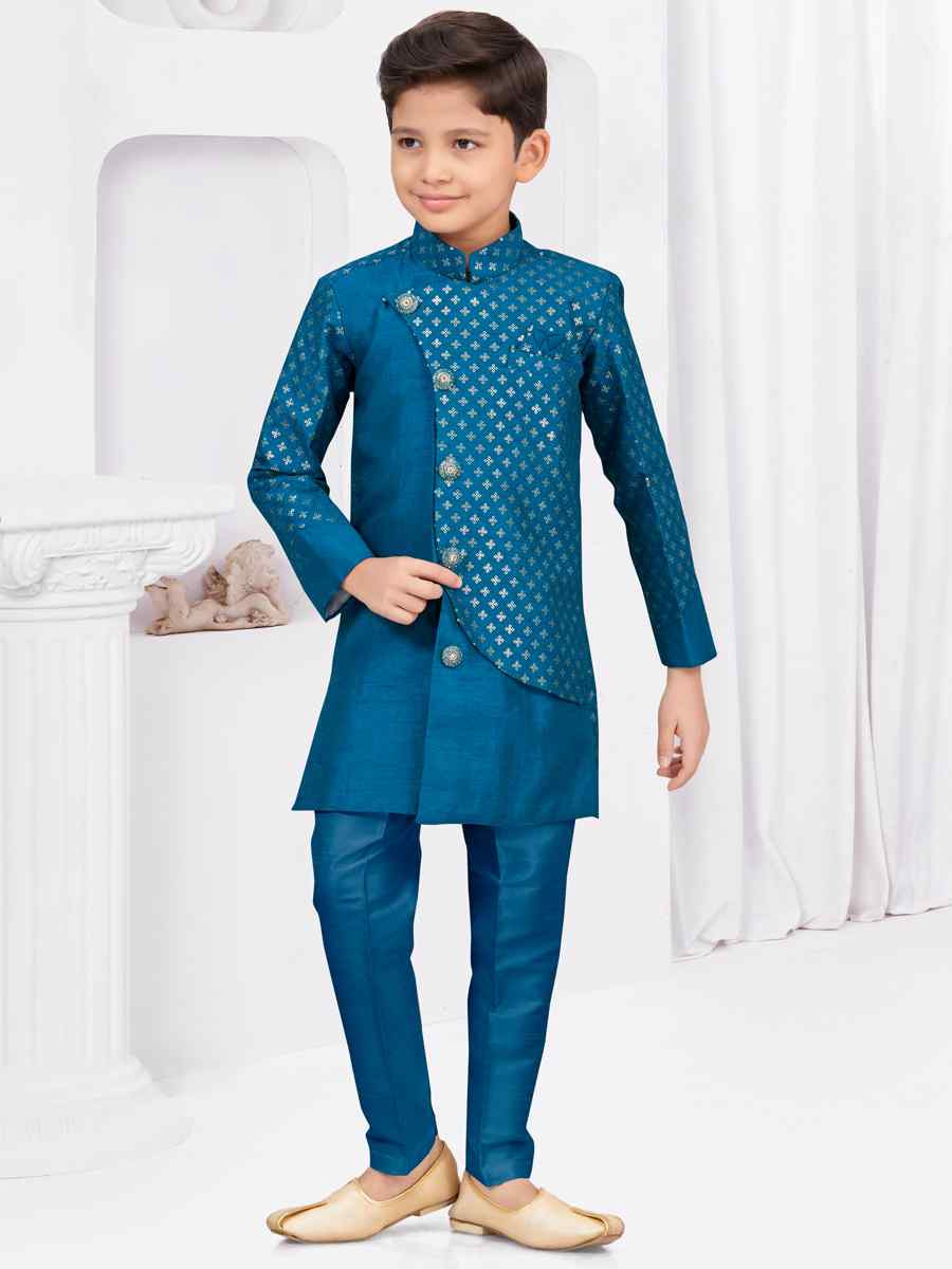 Sea Blue Banarasi Silk Embroidered Festival Wedding Kurta Pyjama Boys Wear