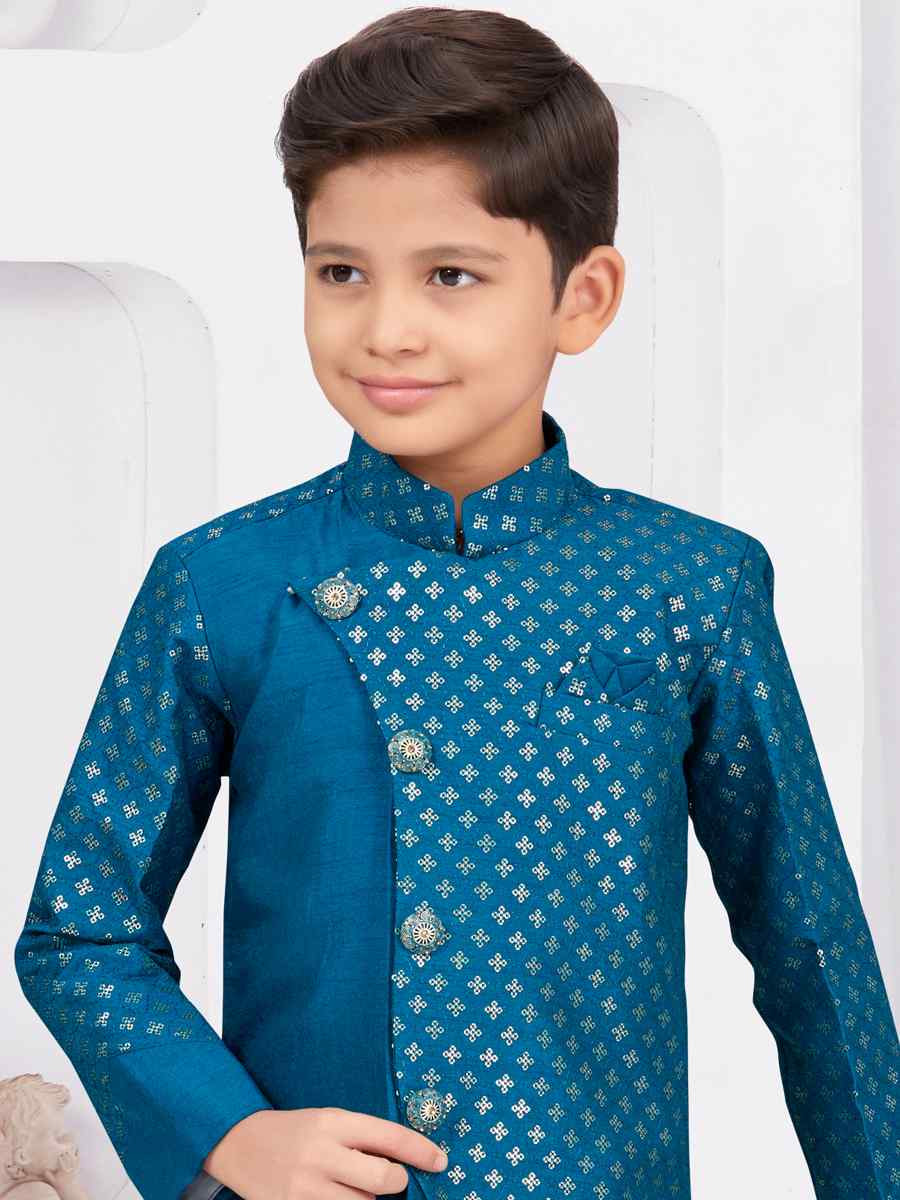 Sea Blue Banarasi Silk Embroidered Festival Wedding Kurta Pyjama Boys Wear