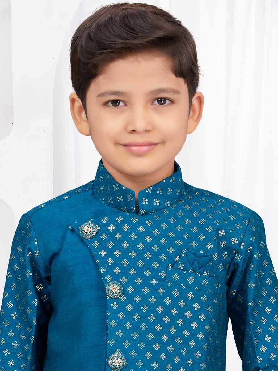 Sea Blue Banarasi Silk Embroidered Festival Wedding Kurta Pyjama Boys Wear