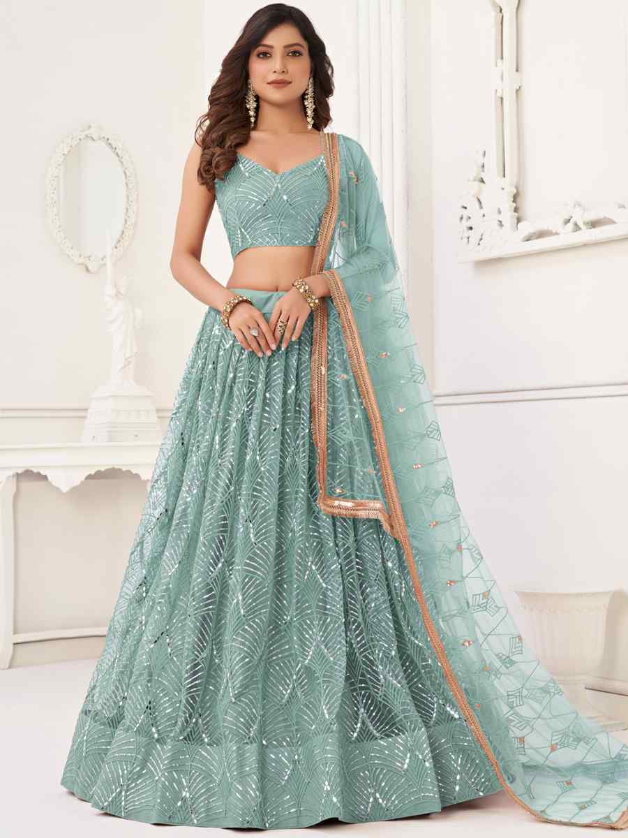 Sea Blue Butterfly Net Embroidered Bridesmaid Wedding Heavy Border Lehenga Choli