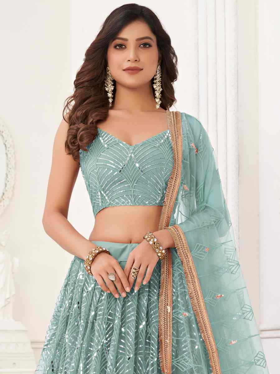 Sea Blue Butterfly Net Embroidered Bridesmaid Wedding Heavy Border Lehenga Choli