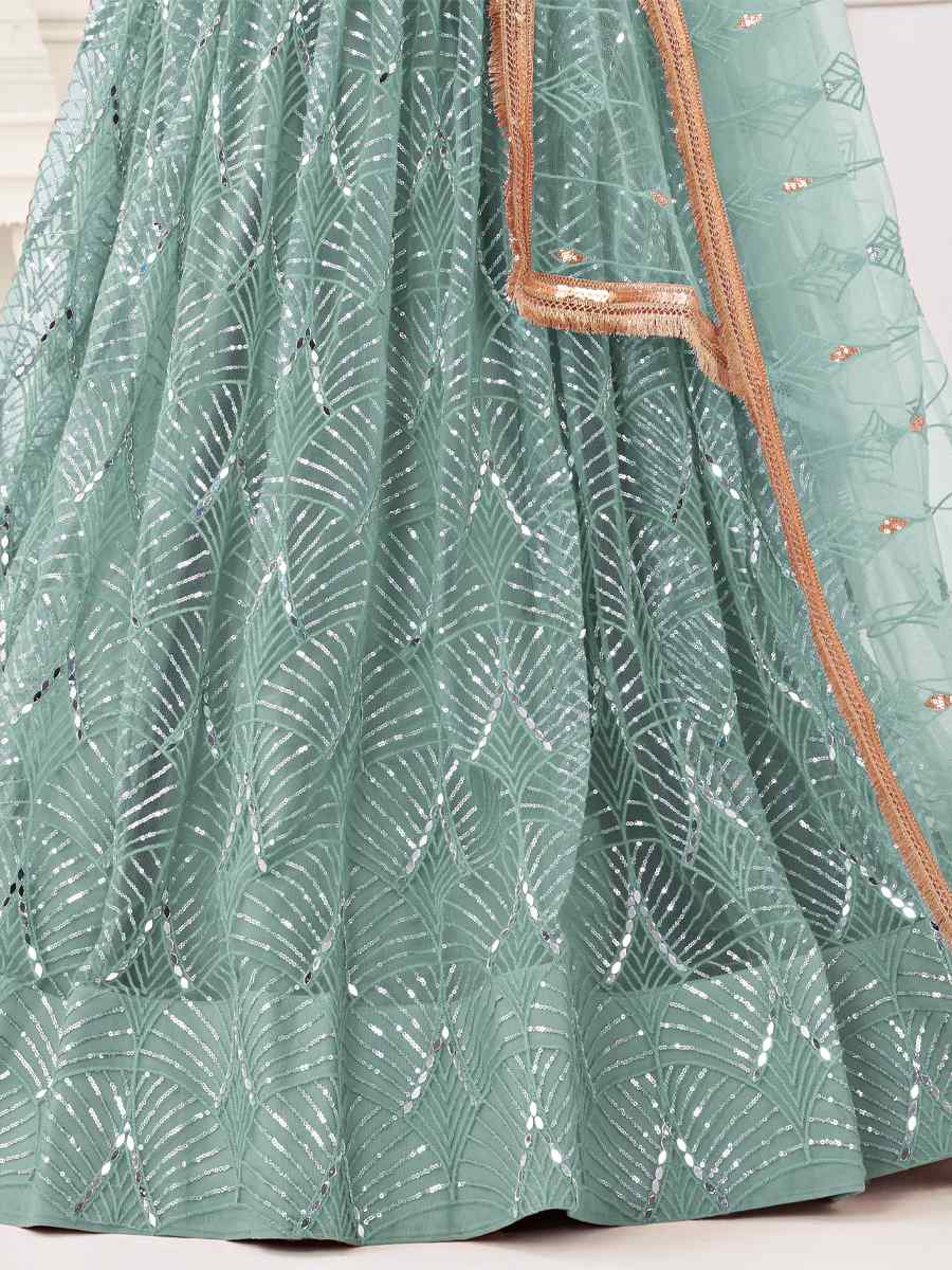 Sea Blue Butterfly Net Embroidered Bridesmaid Wedding Heavy Border Lehenga Choli