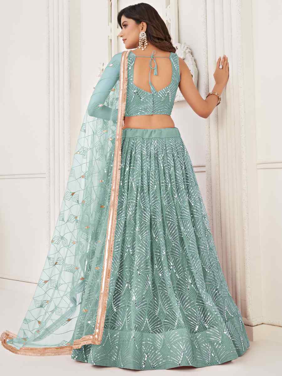 Sea Blue Butterfly Net Embroidered Bridesmaid Wedding Heavy Border Lehenga Choli