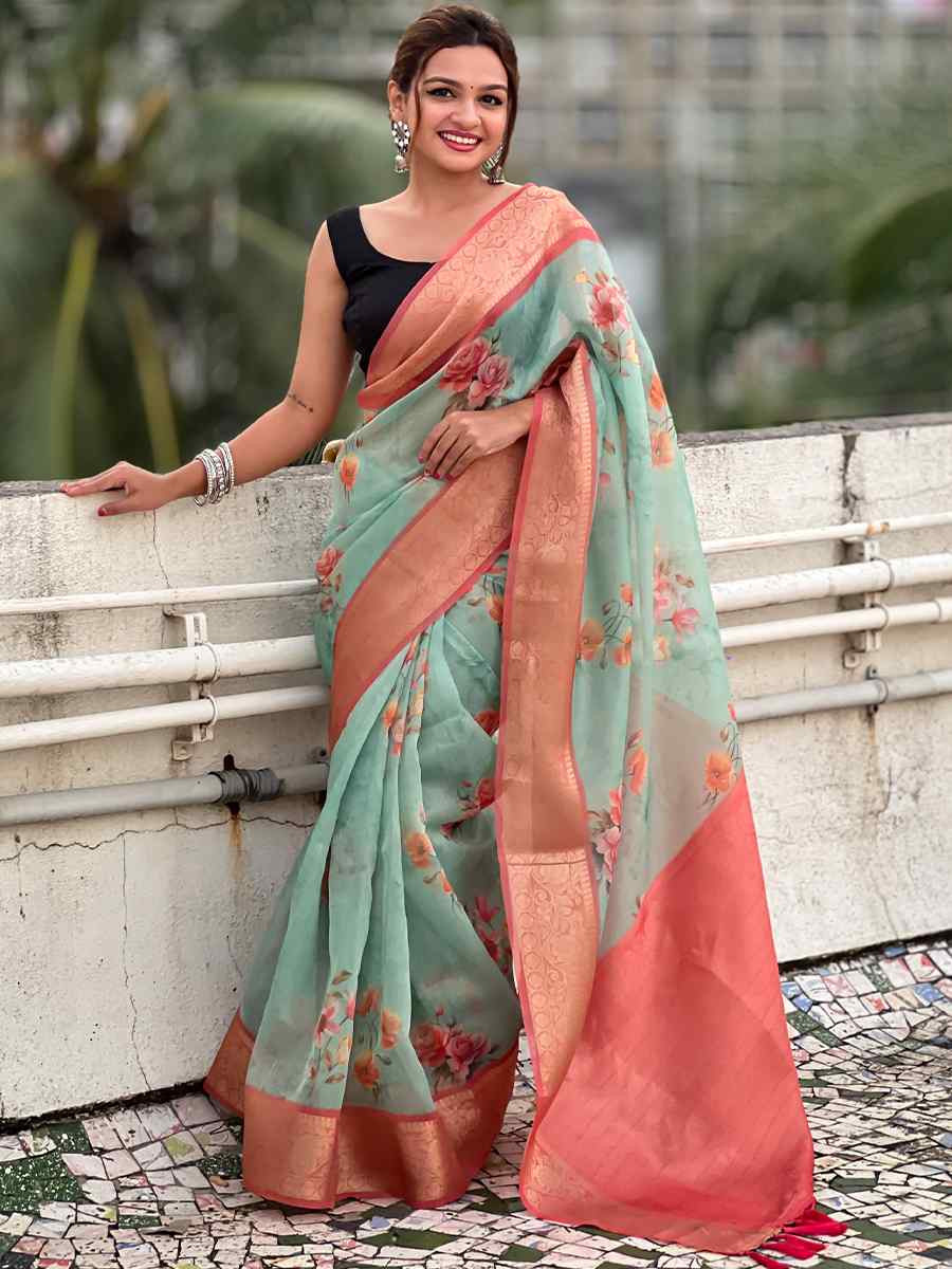 Sea Blue Crush Tissue Handwoven Festival Casual Heavy Border Saree