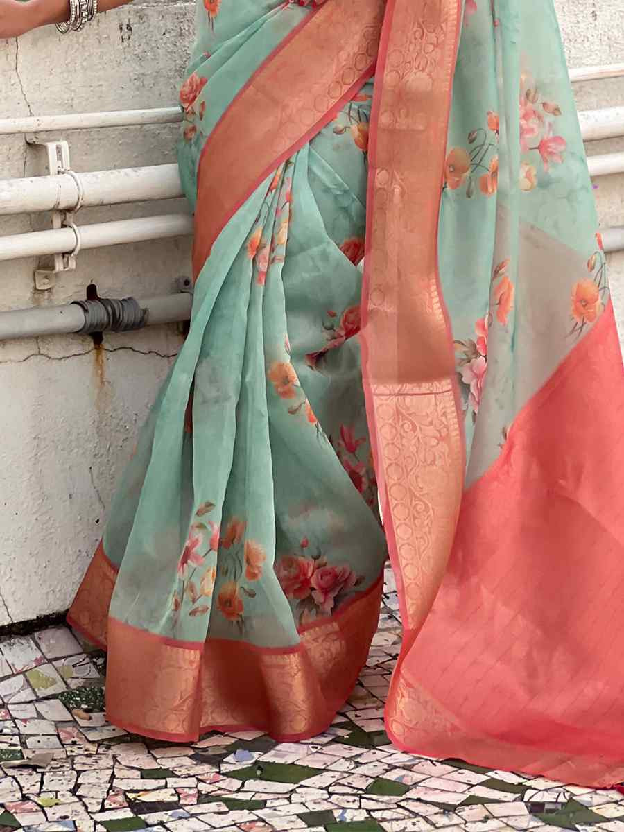 Sea Blue Crush Tissue Handwoven Festival Casual Heavy Border Saree